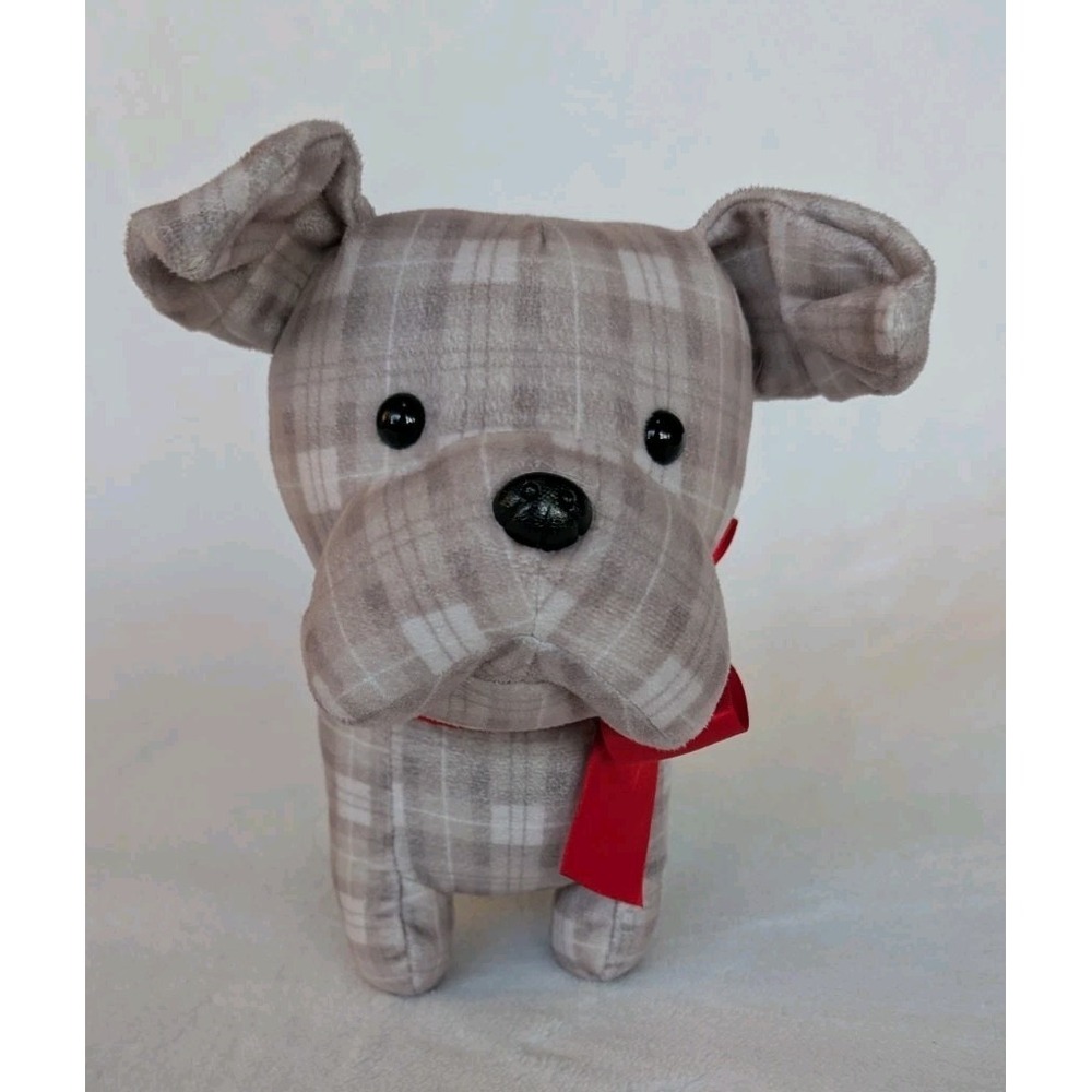 Boxer Stuffie Stuffed Animal Aurora‎ Plush Gray Plaid Dog Buster Red Bow 8.5"